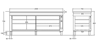 GastroTeknik - Värmeskåp - 2000 x 700 x 900 mm - 2 st skjutdörrar - Genomgående beskickning