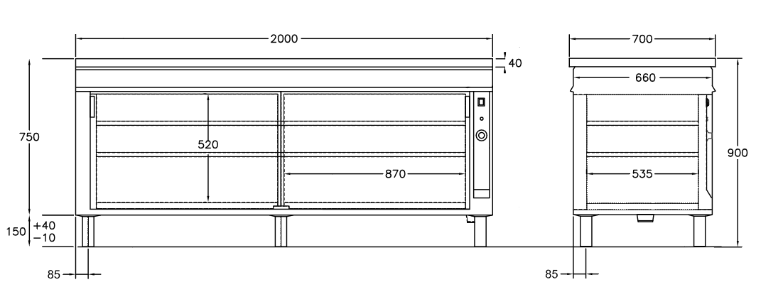 GastroTeknik - Värmeskåp - 2000 x 700 x 900 mm - 2 st skjutdörrar - Genomgående beskickning
