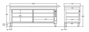 GastroTeknik - Värmeskåp - 2000 x 700 x 900 mm - 2 st skjutdörrar - Genomgående beskickning - Värmd toppskiva