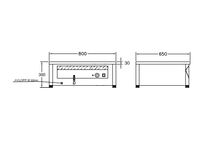 GastroTeknik - Vattenbad - 800x650x300mm - Placering på bänk