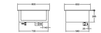 GastroTeknik - Vattenbad - 800 x 650 x 300/425 mm - För inbyggnad - Hel brunn med avdelare - 2 st GN 1/1 200 mm - 1N 230V 2kW