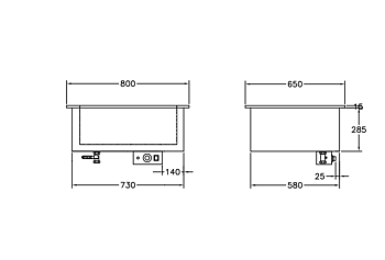 GastroTeknik - Vattenbad - 800 x 650 x 300/425 mm - För inbyggnad - Hel brunn med avdelare - 2 st GN 1/1 200 mm - 1N 230V 2kW
