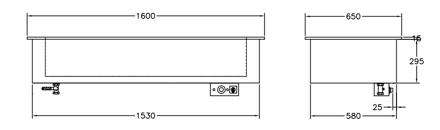 GastroTeknik - Vattenbad - 1600 x 650 x 300/425 mm - För inbyggnad - Hel brunn med avdelare - 4 st GN 1/1 200 mm - 3N 400V 4kW