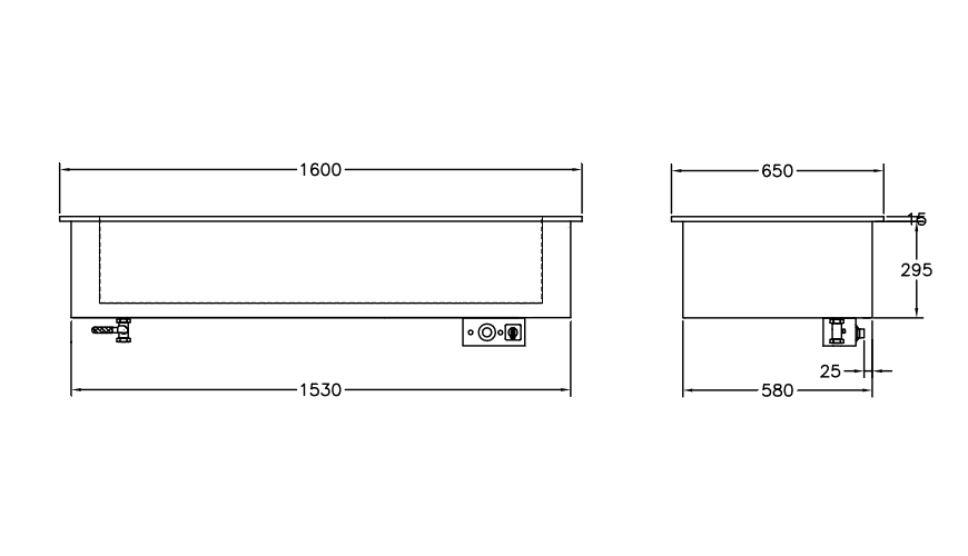 GastroTeknik - Vattenbad - 1600 x 650 x 300/425 mm - För inbyggnad - Hel brunn med avdelare - 4 st GN 1/1 200 mm - 3N 400V 4kW