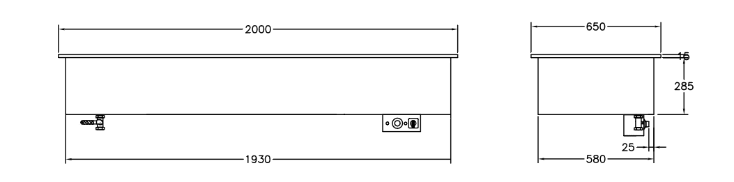 GastroTeknik - Vattenbad - 2000 x 650 x 300/425 mm - För inbyggnad - Hel brunn med avdelare - 5 st GN 1/1 200 mm - 3N 400V 5kW