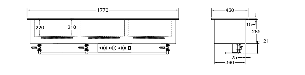 GastroTeknik - Vattenbad - 1770 x 430 x 300/425 mm - För inbyggnad - 3 brunnar på längden - 1N 230V 2.25kW