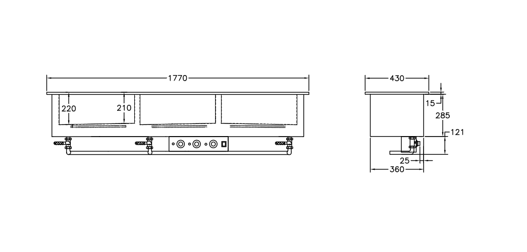 GastroTeknik - Vattenbad - 1770 x 430 x 300/425 mm - För inbyggnad - 3 brunnar på längden - 1N 230V 2.25kW