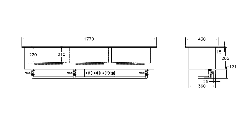 GastroTeknik - Vattenbad - 1770 x 430 x 300/425 mm - För inbyggnad - 3 brunnar på längden - 3N 400V 3kW