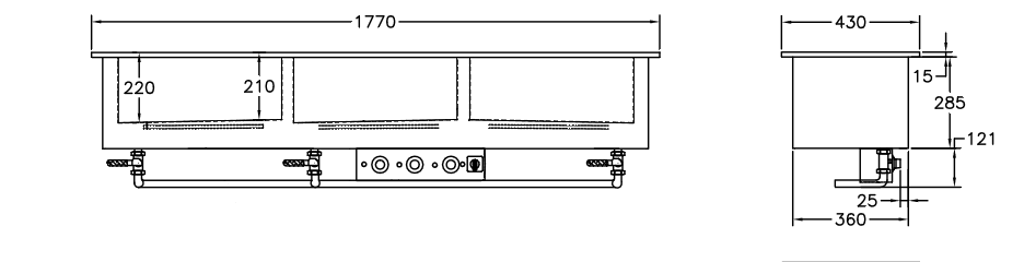 GastroTeknik - Vattenbad - 1770 x 430 x 300/425 mm - För inbyggnad - 3 brunnar på längden - 3N 400V 3kW