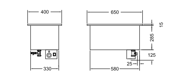 GastroTeknik - Vattenbad - 400 x 650 x 300/425 mm -För inbyggnad - 1 brunn - 1N 230V 1kW