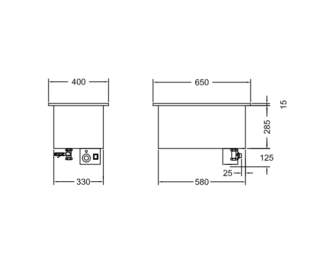 GastroTeknik - Vattenbad - 400 x 650 x 300/425 mm -För inbyggnad - 1 brunn - 1N 230V 1kW