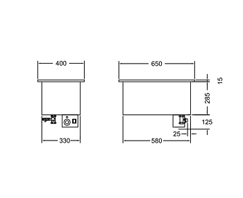 GastroTeknik - Vattenbad - 400 x 650 x 300/425 mm -För inbyggnad - 1 brunn - 1N 230V 1kW