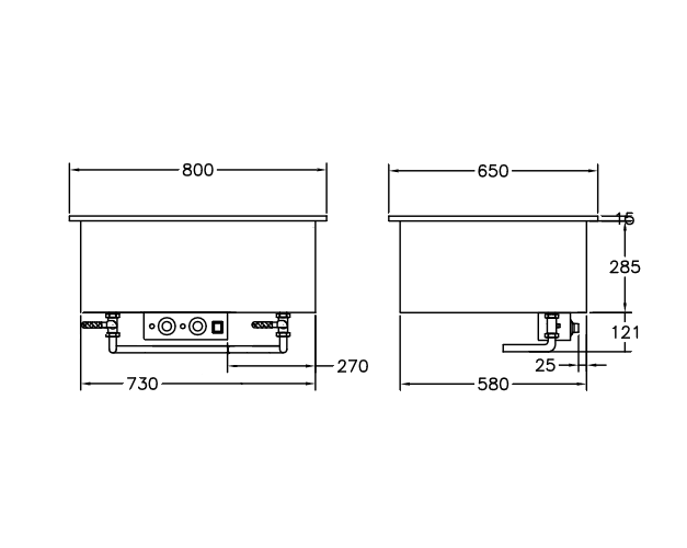 GastroTeknik - Vattenbad - 800 x 650 x 300/425 mm - För inbyggnad - 2 brunnar - 1N 230V 2kW