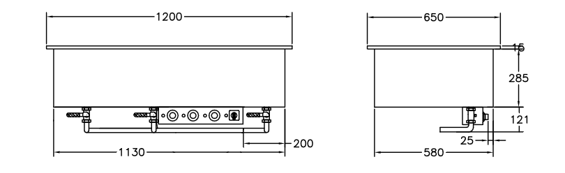 GastroTeknik - Vattenbad - 1200 x 650 x 300/425 mm - För inbyggnad - 3 brunnar - 3N 400V 3kW