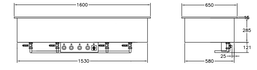 GastroTeknik - Vattenbad - 1600 x 650 x 300/425 mm - För inbyggnad - 4 brunnar - 3N 400V 4kW