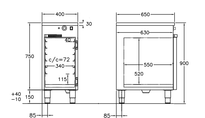 GastroTeknik - Värmeskåp - 400 x 650 x 900 mm - Slagdörr och gejderfack c/c 72 mm - 1N 230V 0.5 kW