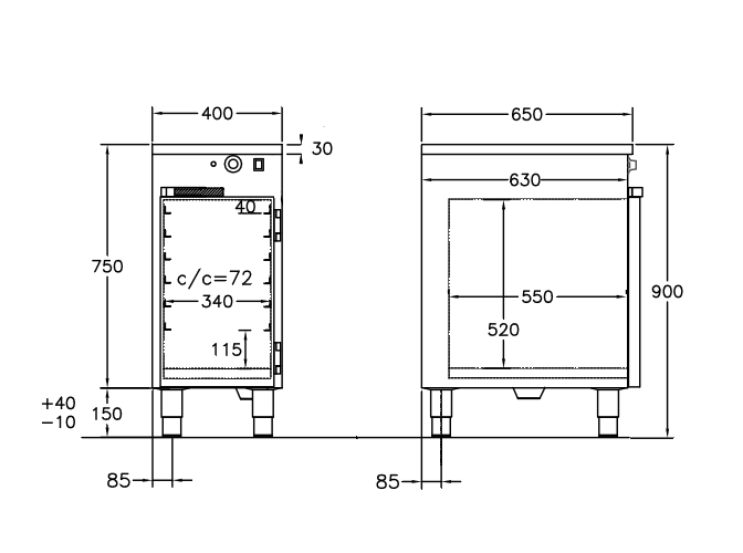 GastroTeknik - Värmeskåp - 400 x 650 x 900 mm - Slagdörr och gejderfack c/c 72 mm - 1N 230V 0.5 kW
