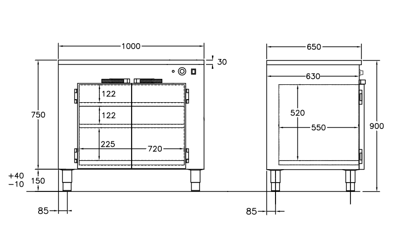GastroTeknik - Värmeskåp - 1000 x 650 x 900 mm - 2 st slagdörrar och 2 flyttbara hyllor - 1N 230V 1 kW