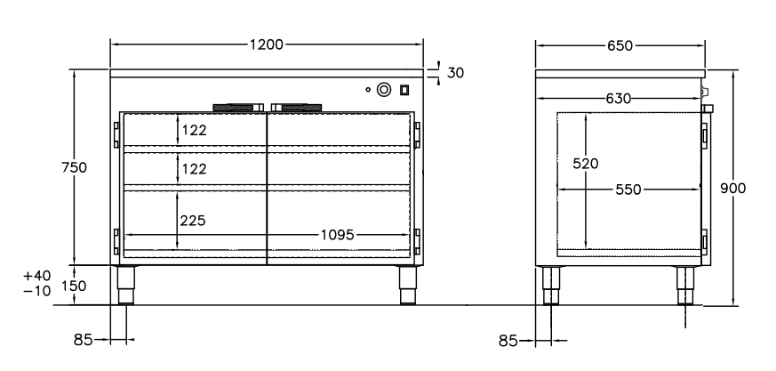 GastroTeknik - Värmeskåp - 1200 x 650 x 900 mm - 2 st slagdörrar och 2 flyttbara hyllor - 1N 230V 1.5 kW