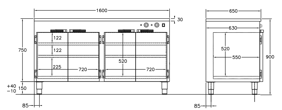 GastroTeknik - Värmeskåp - 1600 x 650 x 900 mm - 4 st slagdörrar och 4 st flyttbara hyllor - 1N 230V 2 kW
