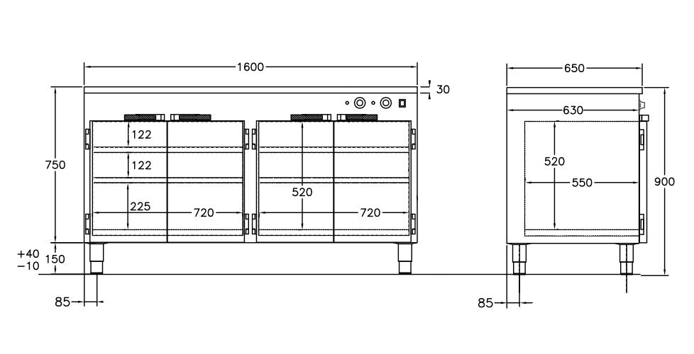 GastroTeknik - Värmeskåp - 1600 x 650 x 900 mm - 4 st slagdörrar och 4 st flyttbara hyllor - 1N 230V 2 kW