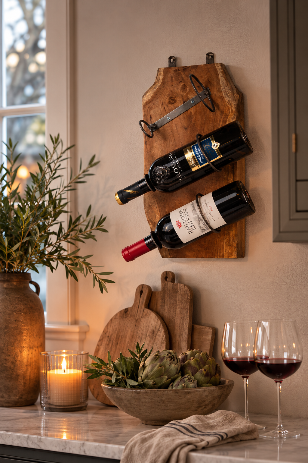 Wine rack wall 3 bottles raw metal/wood