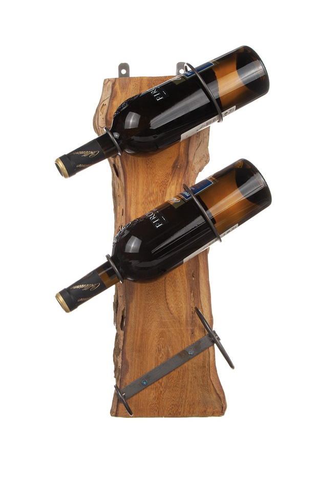 Wine rack wall 3 bottles raw metal/wood