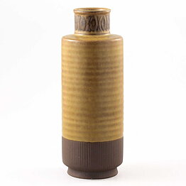 Gunnar Nylund (Petitess 1964) Brown Cylinder Vase with Geometric Relief 22 cm