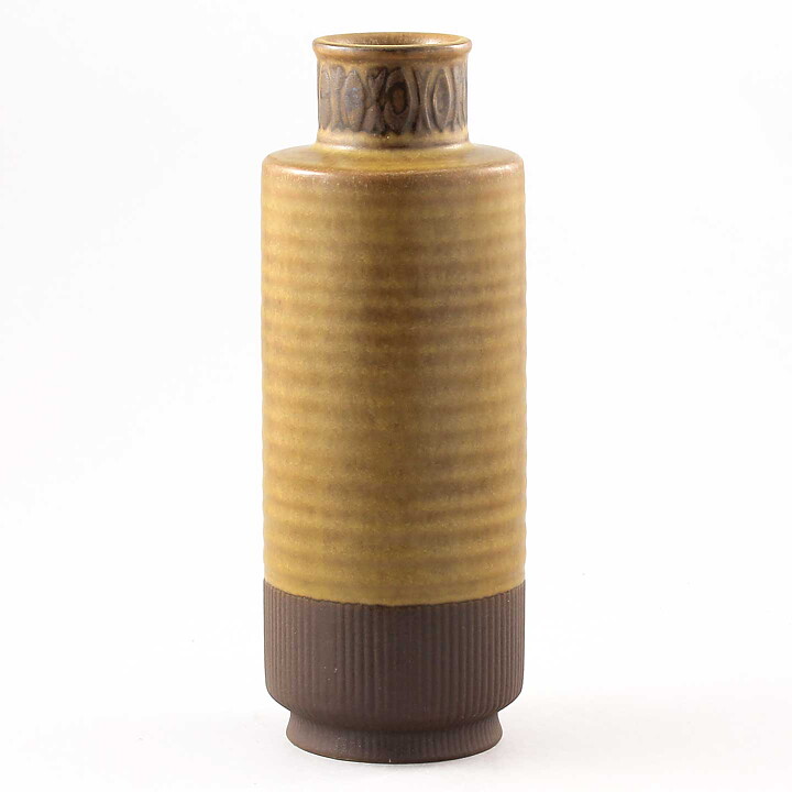 Gunnar Nylund (Petitess 1964) Brown Cylinder Vase with Geometric Relief 22 cm