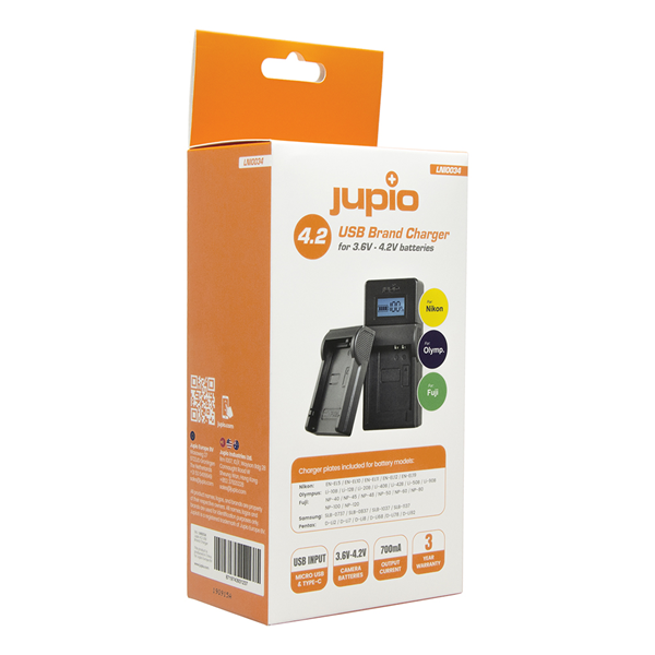 Jupio USB-laddare för Nikon/ Fuji/ Olympus 3.6V-4.2V batterier - 2