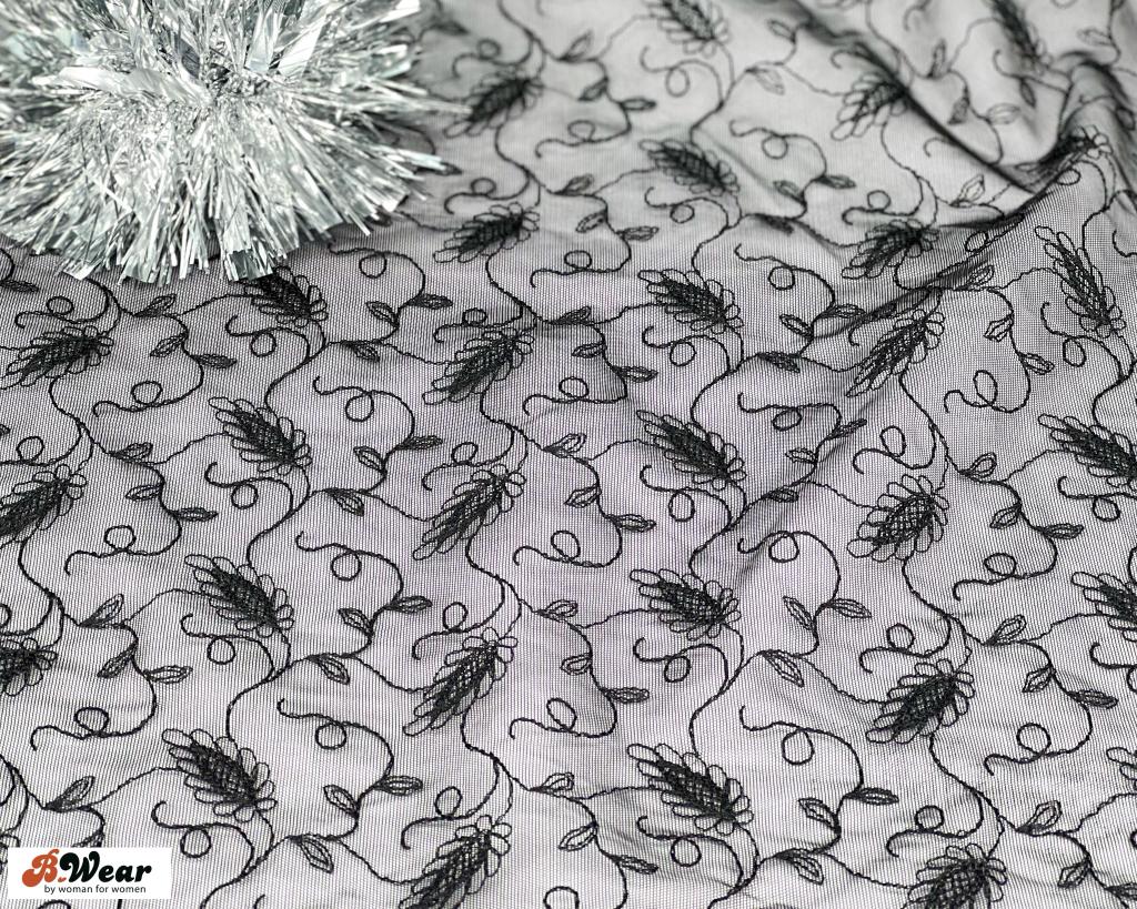 Svart stretch spets med broderade blommor