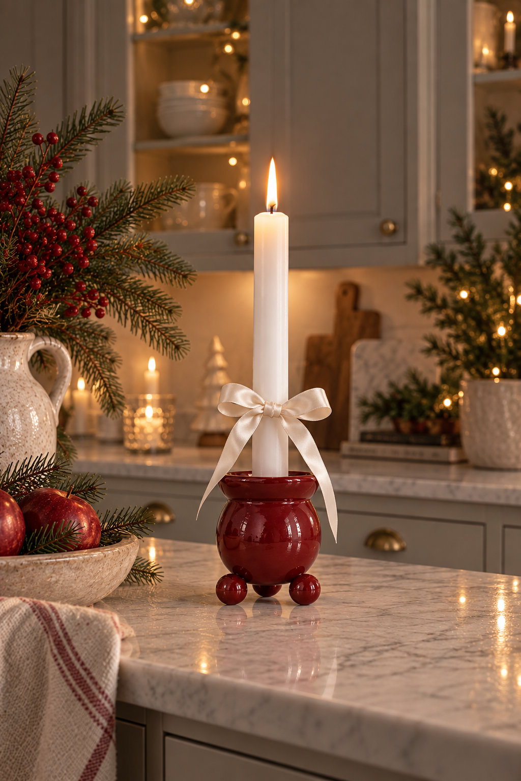 Ball candle holder - Candle holder with ball feet - Red - Crown candle - 8