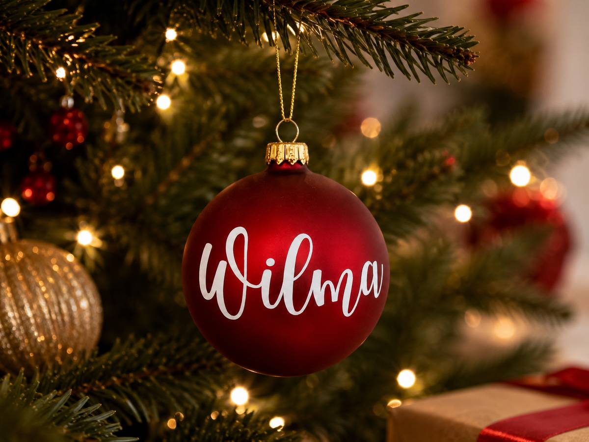 Röd personlig julkula med namn i munblåst glas som hänger i en julgran med varm julbelysning och klassiska juldekorationer.