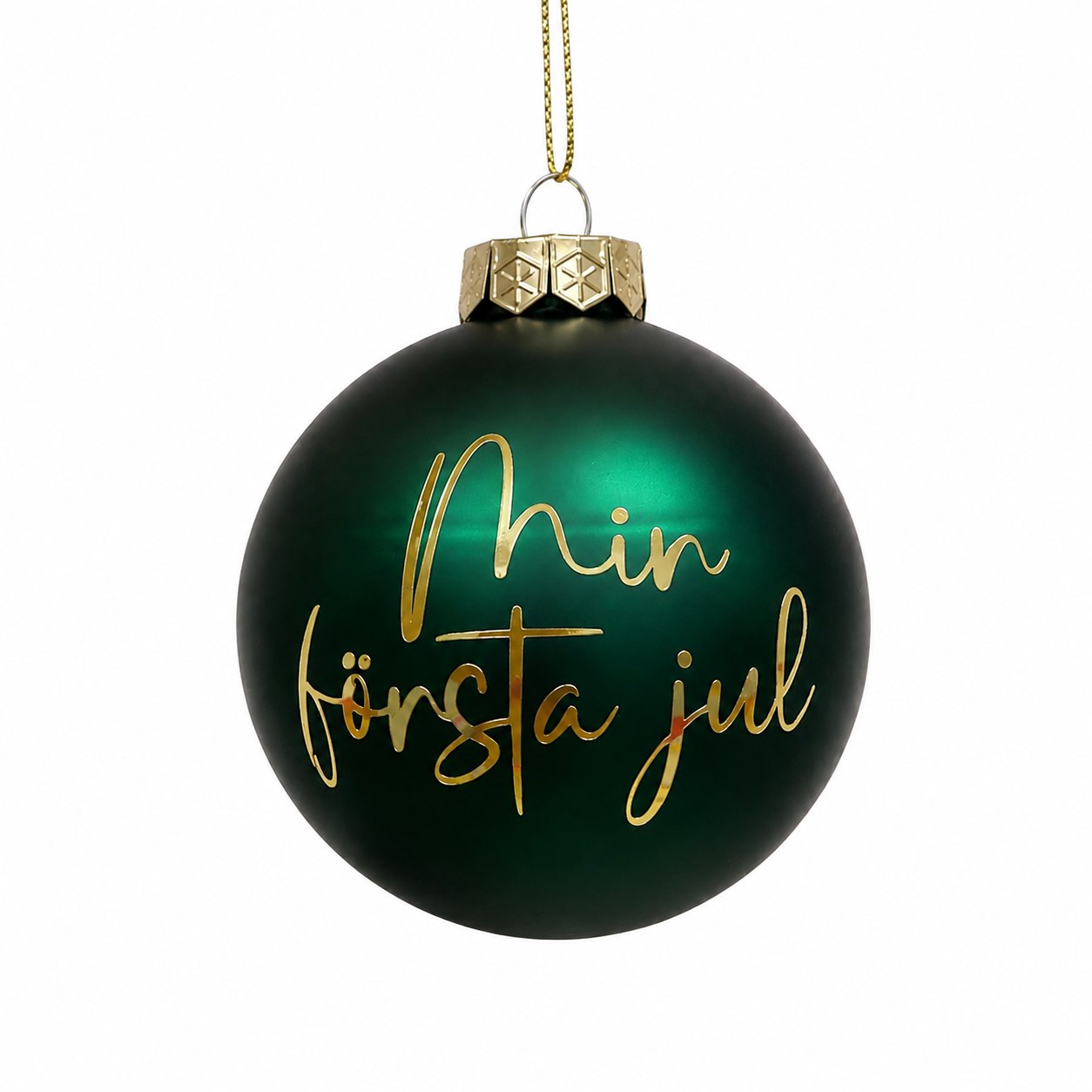 Min första jul – Mörkgrön matt julkula med guldtext 8 cm - 2