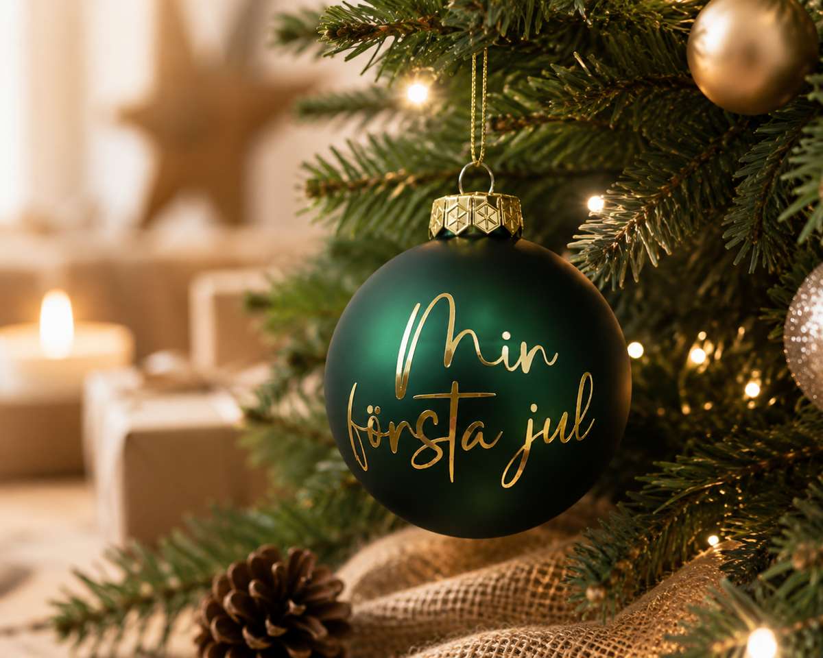 Min första jul – Mörkgrön matt julkula med guldtext 8 cm