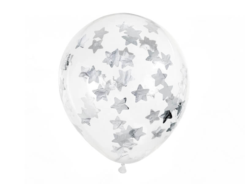 Konfettiballonger silverstjärnor | 30 cm | 6-pack