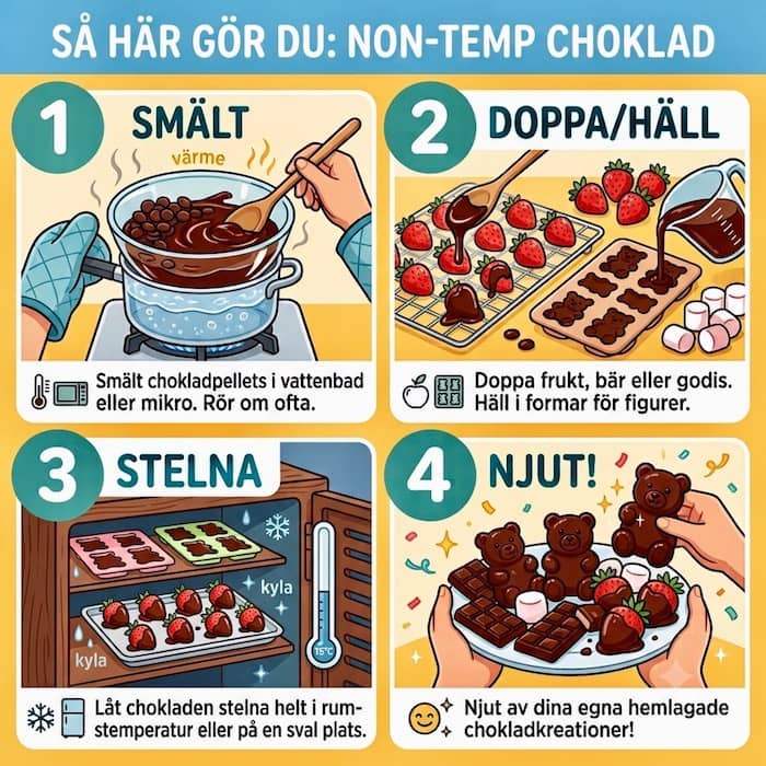 Se hur man använder non-temp chokladpellets: 1. Smält, 2. Doppa/Häll, 3. Stelna, och 4. Njut!