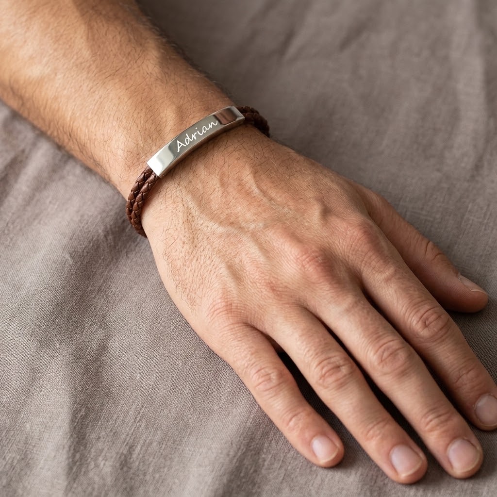 Brunt personligt läder armband med gravyr - Rostfritt stål - 3