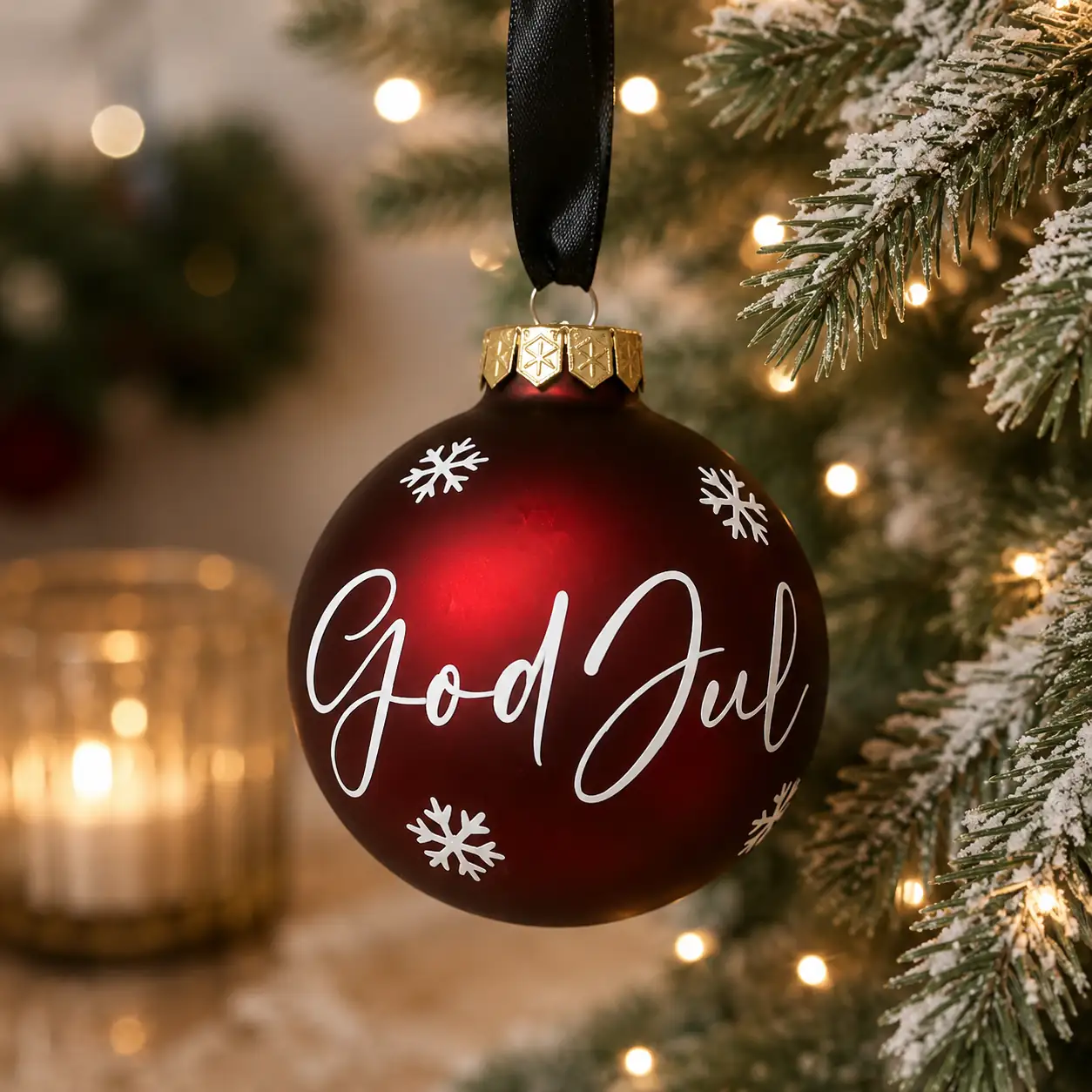 Mörkröd glasjulkula God Jul 8 cm med vita snöflingor i gran med varma ljusslingor