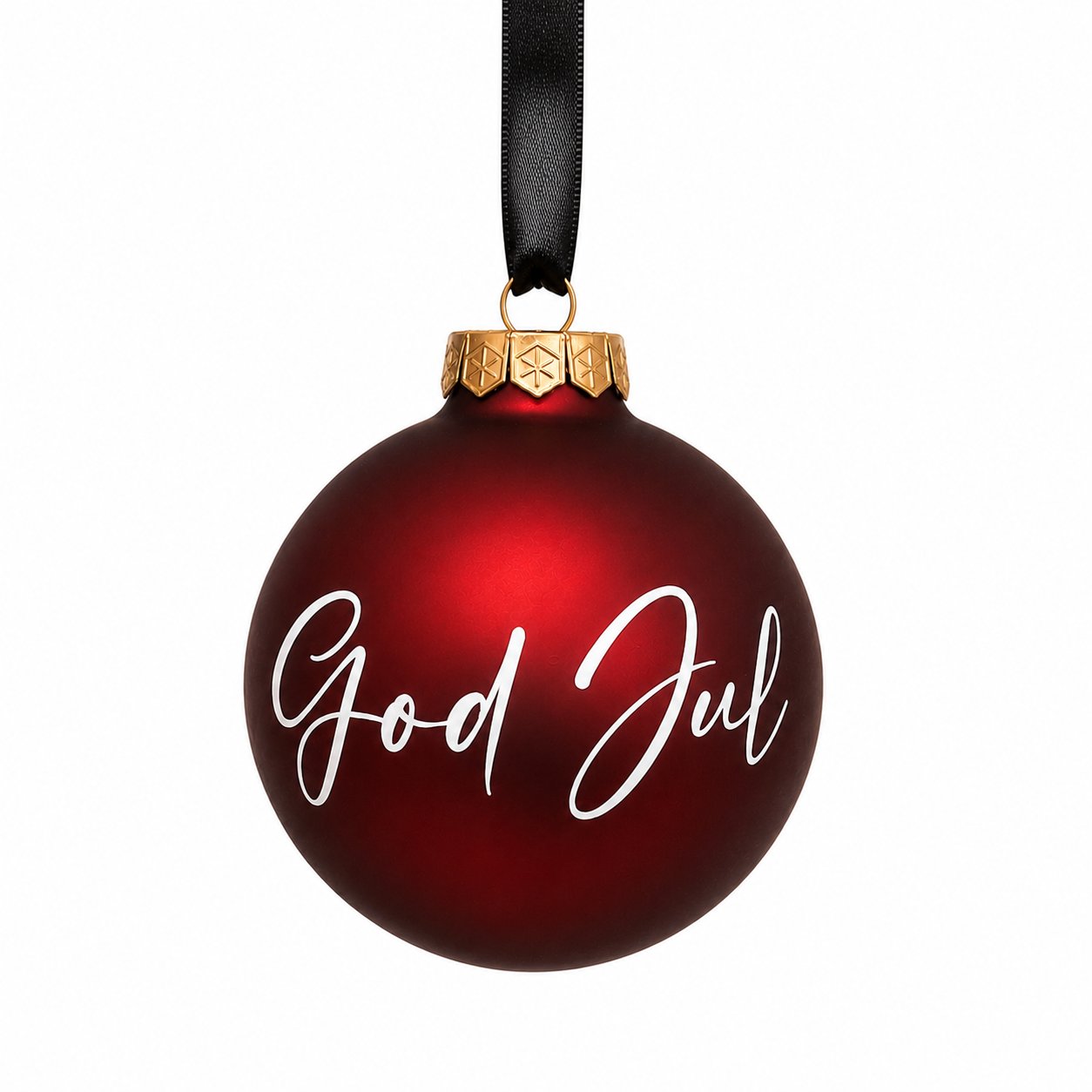 Glas julgranskula God Jul 8 cm i matt mörkröd färg med vit text