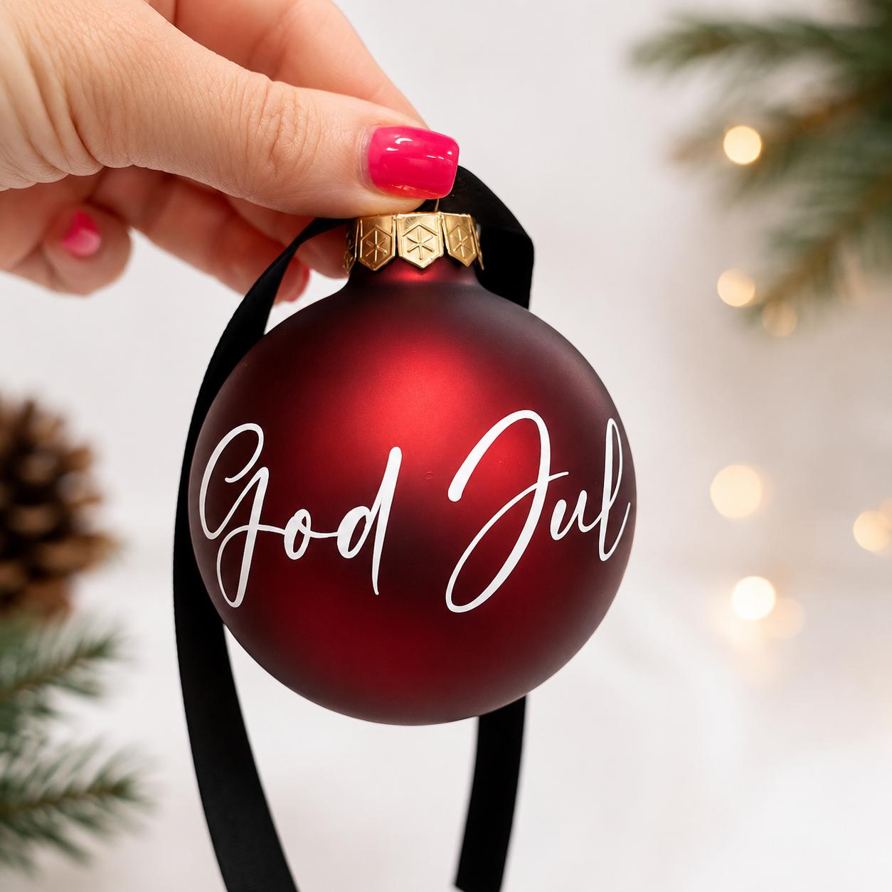 Glas julgranskula "God Jul" 8 cm - 2