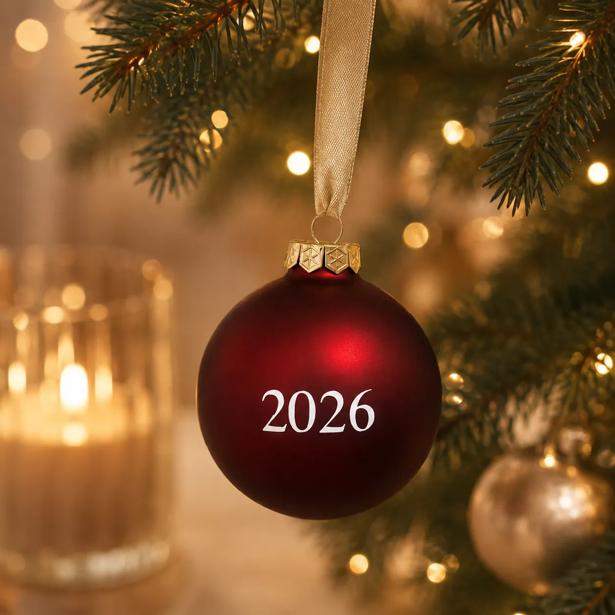 Mörkröd glasjulkula 8 cm med årtal 2026 hängande i gran med varma ljusslingor