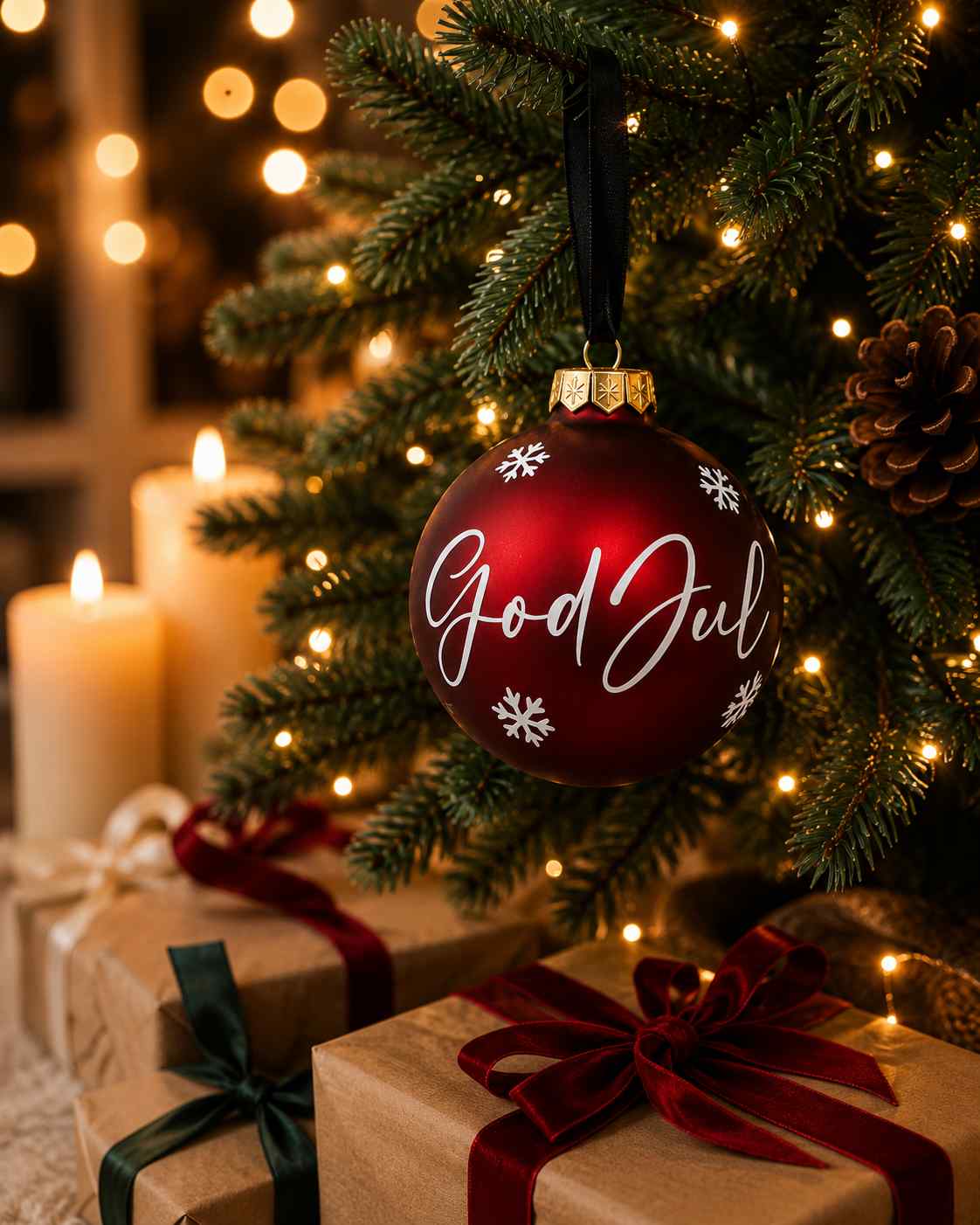Personlig glasjulgranskula 8 cm med God Jul som hänger i en julgran med julklappar och levande ljus