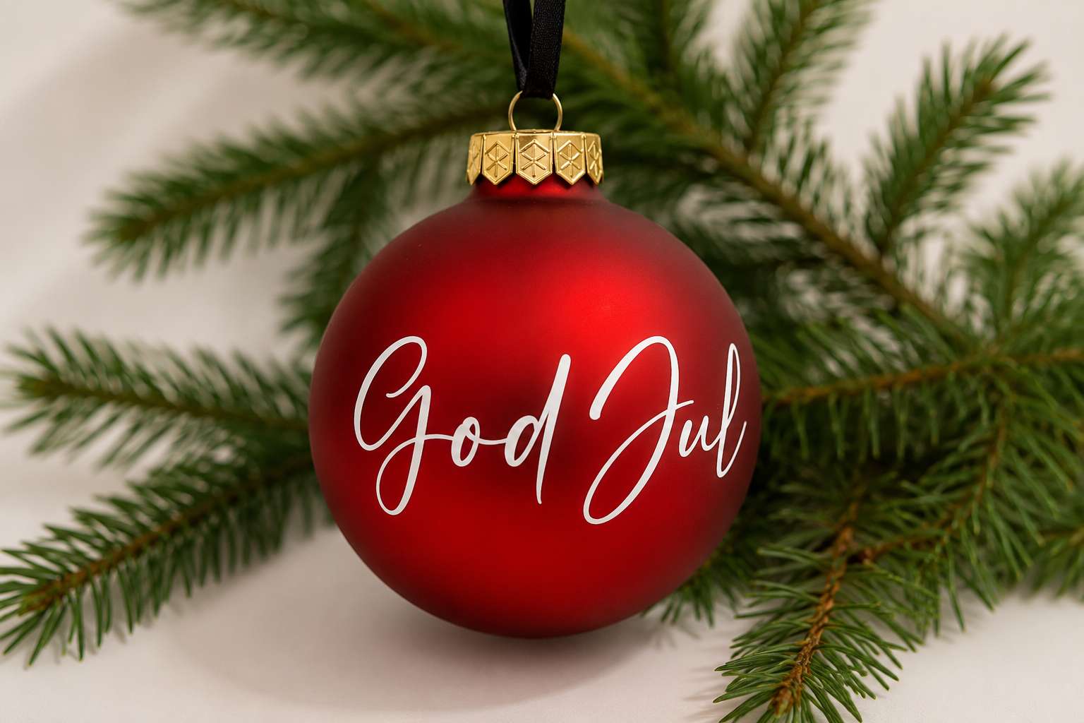 Glas julgranskula God Jul 8 cm i matt mörkröd färg med vit text