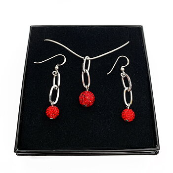 Set Silver Chain with Red Crystal Necklace and Earrings 