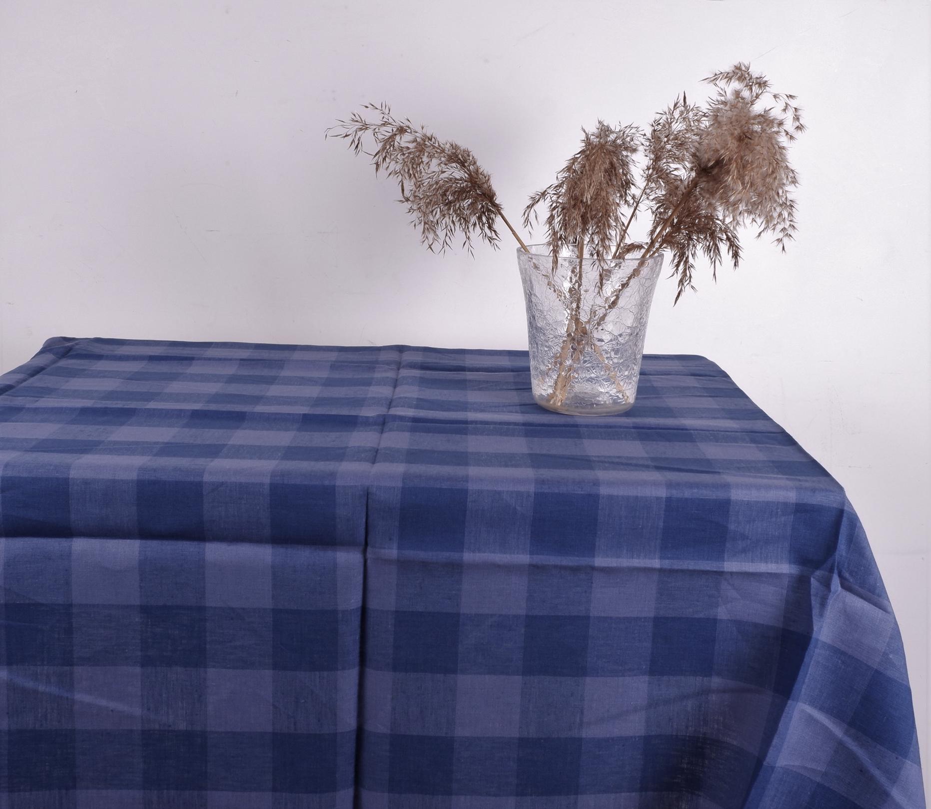 Blue gingham linen tablecloth LithuanianLinen