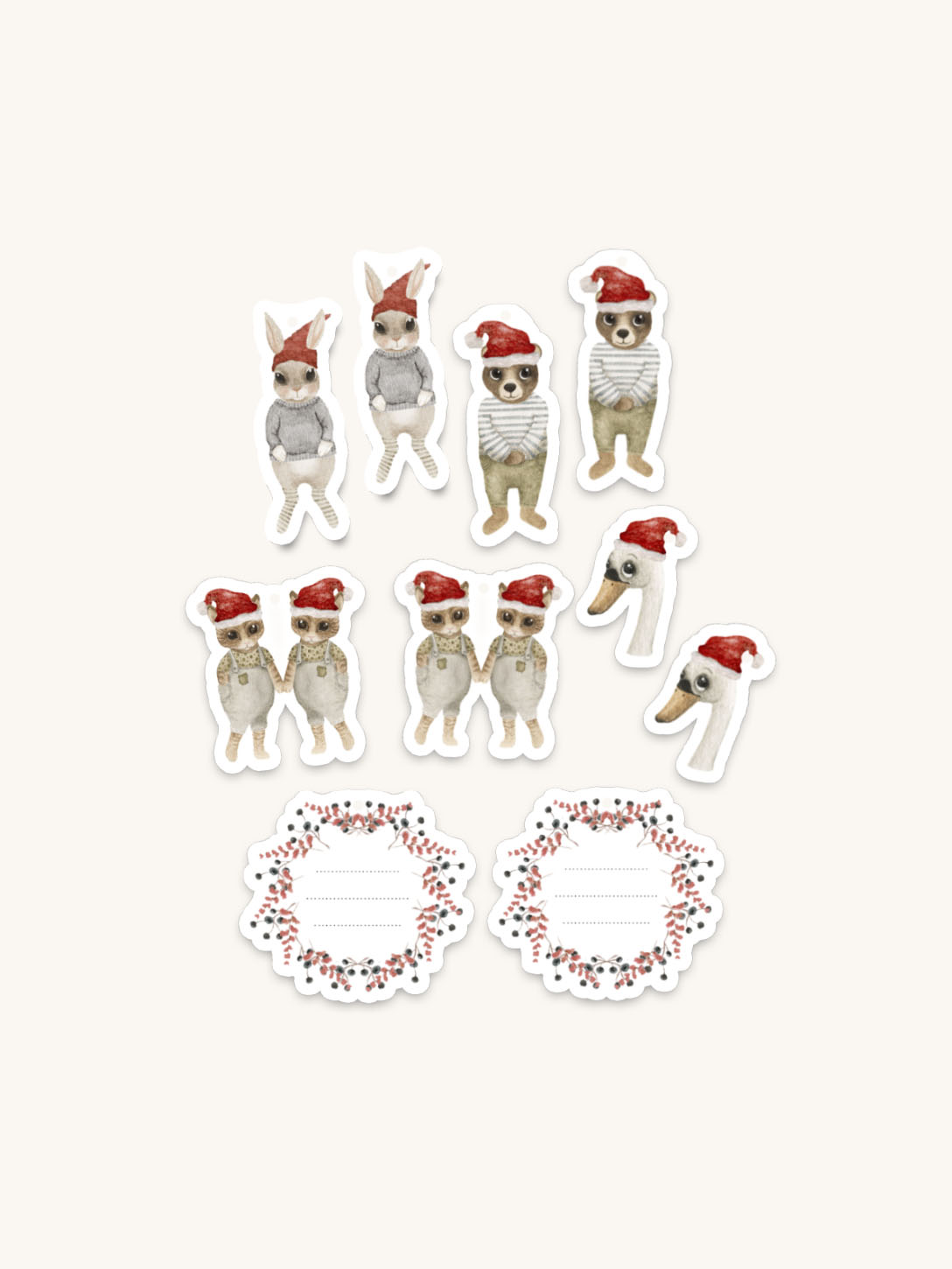 Julstickers - Djur med tomteluvor
