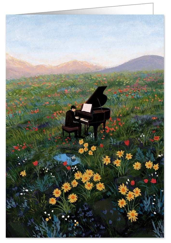 Playing The Piano In A Flower Field, Greeting Card