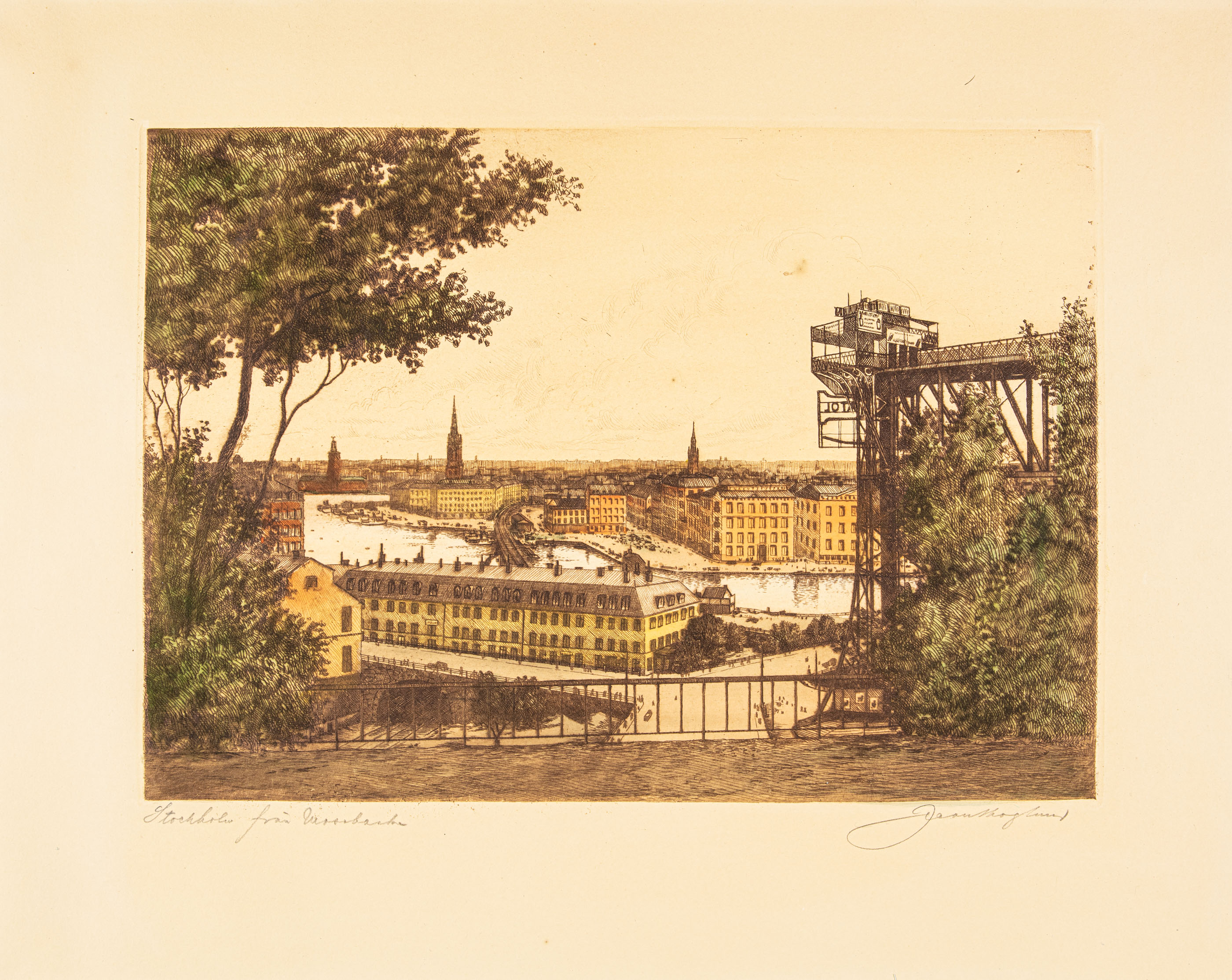 Stockholm from Mosebacke  - Hand Colored Etching