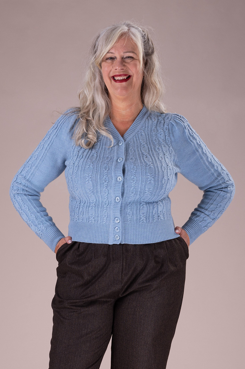 The Ice Skater Cardigan. Icy blue emmy design